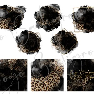 May include: Set of digital paper and logo backgrounds featuring black watercolor with gold frames and a leopard print pattern.