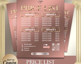 Rose Gold Price List Template, DIY Price List Flyer, Editable Price List, Salon Price list, Price Guide, Canva Template, Instant Download