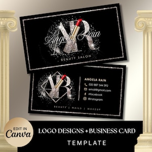 Op de afbeelding: Zwart visitekaartjessjabloon met een zilveren rand en een lippenstiftontwerp. De kaart bevat de tekst "Angela Rain Beauty Salon" en contactgegevens. De woorden "Logo Designs + Business Card Template" zijn ook zichtbaar.