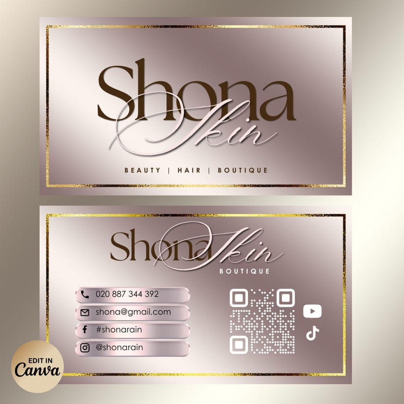 May include: Two business cards with a rose gold gradient background and gold trim. The top card displays "Shona Skin" in elegant script, with "BEAUTY | HAIR | BOUTIQUE" below. The bottom card includes contact info, social media handles, and a QR code.