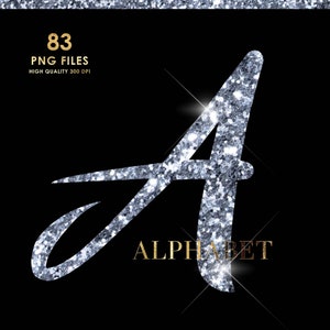 Glitter Silver Alphabet Png Clipart, Silver Foil letters, Silver Letters png, Script Alphabet, Cursive, Sparkling Letters, Digital Download