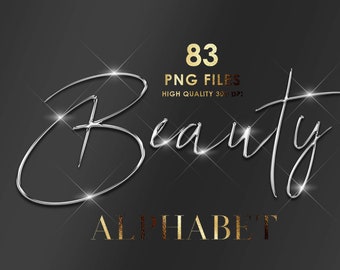 May include: 83 PNG files of a silver metallic script font that says "Beauty Alphabet" with a sparkling effect. The font is in a cursive style.