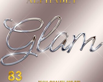 May include: A digital graphic with the word "Glam" in silver script, set against a gradient background. The word "Alphabet" is at the top, and details about the PNG files are at the bottom.