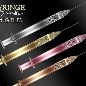 May include: Four glitter-covered syringes in silver, gold, rose gold, and copper. The syringes are arranged in a diagonal line, with the silver syringe at the top and the copper syringe at the bottom. The image text reads "SYRINGE Bundle 4 PNG FILES".
