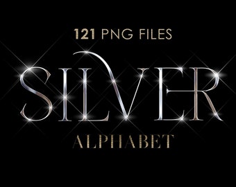 May include: Silver alphabet font with a sparkling effect. 121 PNG files, high quality 300 DPI, transparent background.