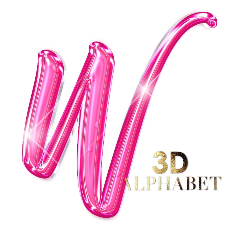 Pu&ograve; includere: Una lettera "W" 3D rosa lucida con una superficie riflettente e riflessi. Il testo "3D ALPHABET" &egrave; in oro, aggiungendo un tocco di eleganza. La lettera &egrave; su uno sfondo bianco.