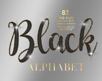 Glitter Black Alphabet PNG Clip Art, Glitter letters, Script Alphabet, Black and Gold, Sparkle letters, handwriting, Bling, Digital download