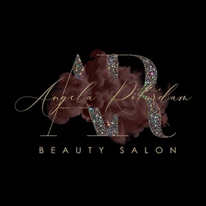 May include: A gold glitter logo with the letters "AR" for Angela Rotterdam Beauty Salon. The letters are set against a dark red watercolor background.