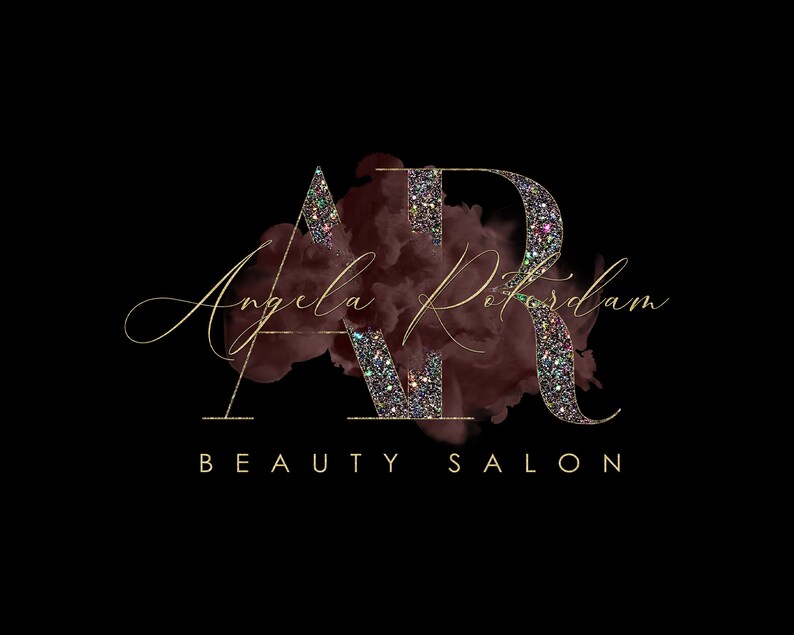 May include: A gold glitter logo with the letters "AR" for Angela Rotterdam Beauty Salon. The letters are set against a dark red watercolor background.