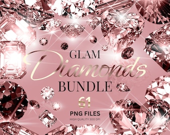 Rose Gold Diamonds Clipart Bundle, Diamonds PNG,  Sparkle Glitter Diamonds and Stars Overlays, Pink Gemstone Clipart, Wedding Jewelry