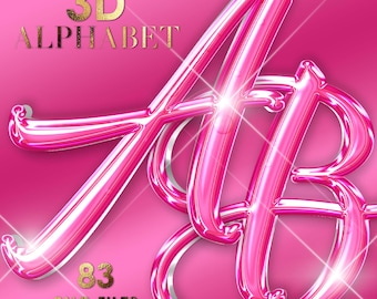 Könnte beinhalten: Glänzendes rosa 3D-Alphabet-Design mit den Buchstaben "AB" und einem metallischen Glanz. Das Bild enthält den Text "3D ALPHABET" in Gold und "83 PNG FILES" mit "HIGH QUALITY 300 DPI" auf rosa Hintergrund.