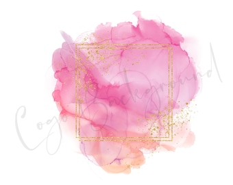 Pink Logo Background Png, Pink Brush Stroke png, Gold frame, Pink watercolor clipart, Pink logo element, Square frame png, Pink splash