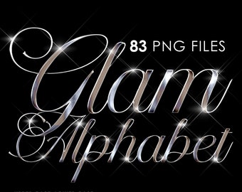 May include: 83 PNG files of a silver and white glam alphabet with a sparkling effect. Uppercase and lowercase letters, numbers, and symbols are included. The background is transparent.