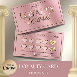 Plantilla de tarjeta de fidelización rosa y dorada, tarjeta de fidelización de cosméticos DIY, tarjeta de recompensas, tarjeta de cliente VIP, plantilla editable de Canva, descarga instantánea