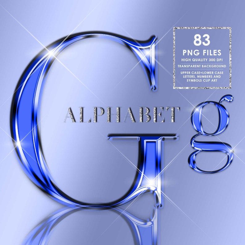 May include: A set of 83 high-quality PNG files featuring a blue and silver alphabet. The letters are 3D and have a shiny, metallic finish. The background is transparent, making these files ideal for use in digital projects.