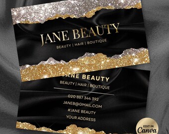 Black Gold Glitter Business Card Template, Luxury Beauty Salon Design (Canva)