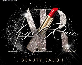 Modelo de logotipo para maquiadora no Canva, logotipo de beleza editável com batom, boutique, logotipo com iniciais em glitter dourado, logotipo para Canva, logotipo faça você mesmo para salão de beleza
