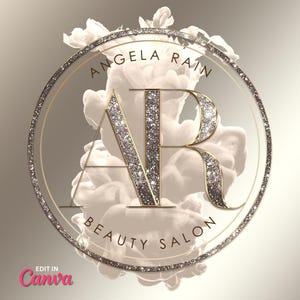 May include: A logo for Angela Rain Beauty Salon. The design features a circular emblem with the text "ANGELA RAIN" and "BEAUTY SALON". The letters "AR" are prominently displayed with a glittery texture, surrounded by a gold border and a sparkling outer ring.
