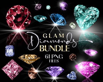 Könnte beinhalten: Eine Sammlung von 61 PNG-Dateien mit verschiedenen Diamantformen in verschiedenen Farben, darunter Rot, Blau, Grün, Pink und Lila. Die Diamanten sind in Herzform angeordnet mit dem Text "Glam Diamonds Bundle" und "61 PNG Files" in der Mitte.