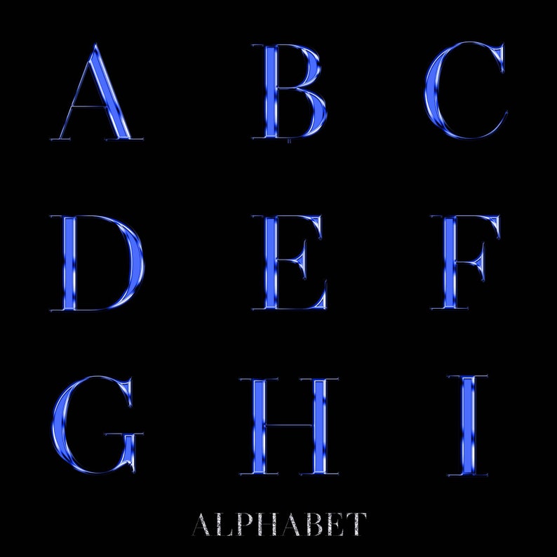 May include: Blue alphabet letters A through I in a bold, metallic font on a black background. The word "ALPHABET" is written in white below the letters.