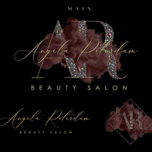 May include: A logo for a beauty salon called "Angela Rotterdam" with the initials "AR" in gold glitter letters on a burgundy watercolor background. The text "Beauty Salon" is written in gold below the logo.