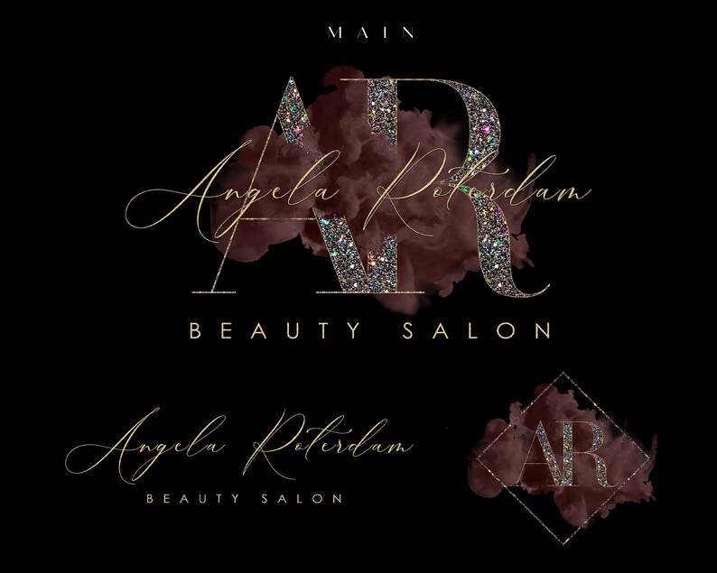 May include: A logo for a beauty salon called "Angela Rotterdam" with the initials "AR" in gold glitter letters on a burgundy watercolor background. The text "Beauty Salon" is written in gold below the logo.