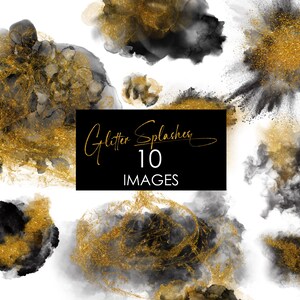 Black Watercolor Splashes with Glitter Gold Clipart, Black Alcohol Ink, Black Splotches, Logo Background Png, Black Brush Stroke Png