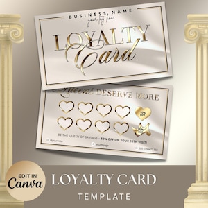 Modello di carta fedeltà beige e oro, design modificabile su Canva (download immediato)
