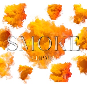 Könnte beinhalten: Ein Satz von zehn Clipart-Bildern mit orangefarbenen und gelben Rauchwolken. Das Wort "SMOKE" ist in silbernen Buchstaben in der Mitte des Bildes geschrieben.