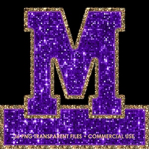 May include: Purple letter M with a gold glitter outline. The letter is made of purple glitter and has a gold glitter outline. The letter is on a black background. 36 PNG transparent files. Commercial use.