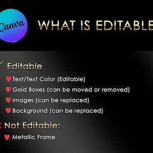Puede incluir: Gr&aacute;fico con el logotipo de Canva y el texto "WHAT IS EDITABLE?". La imagen enumera los elementos editables: texto/color del texto, cuadros dorados, im&aacute;genes y fondo. Tambi&eacute;n enumera el marco met&aacute;lico como no editable.