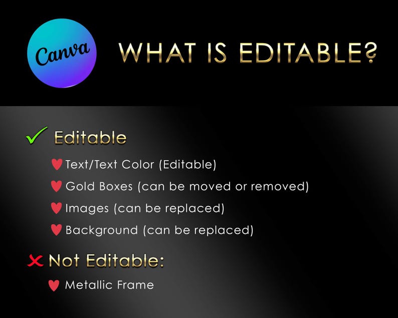 Puede incluir: Gr&aacute;fico con el logotipo de Canva y el texto "WHAT IS EDITABLE?". La imagen enumera los elementos editables: texto/color del texto, cuadros dorados, im&aacute;genes y fondo. Tambi&eacute;n enumera el marco met&aacute;lico como no editable.