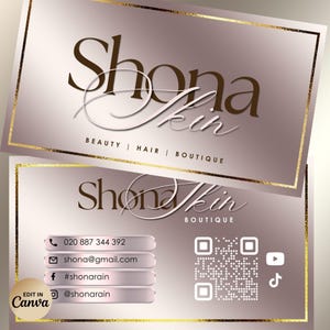 May include: Two business cards with a gradient pink and gold design. The cards feature the text "Shona Skin" in a stylized font, with the words "BEAUTY | HAIR | BOUTIQUE" below. Contact information and social media icons are also included.