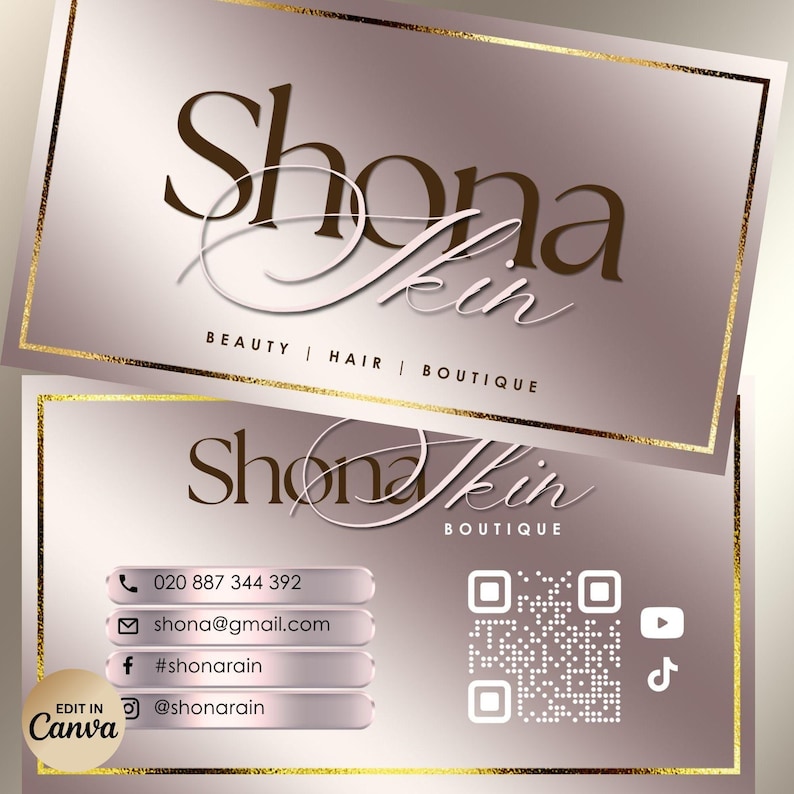 May include: Two business cards with a gradient pink and gold design. The cards feature the text "Shona Skin" in a stylized font, with the words "BEAUTY | HAIR | BOUTIQUE" below. Contact information and social media icons are also included.