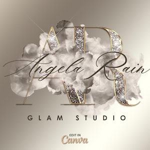 Puede incluir: Logotipo de Glam Studio con letras doradas "A" y "R" con detalles de purpurina, sobre un fondo ahumado. Las palabras "Angela Rain" están escritas en cursiva, con "GLAM STUDIO" debajo. El texto "Edit in Canva" está en la parte inferior.