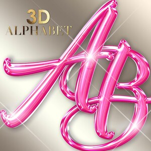 Pu&ograve; includere: Un'immagine 3D lucida e rosa delle lettere "A" e "B" intrecciate. Le lettere hanno un aspetto metallico riflettente, con riflessi e un effetto sfumato. Le parole "3D ALPHABET" sono in oro sopra le lettere.