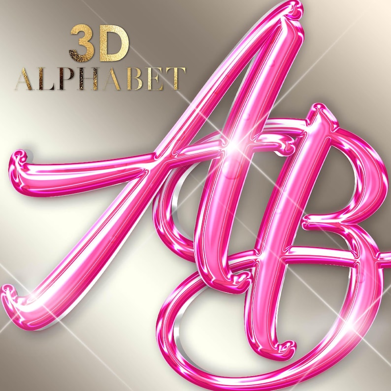 Pu&ograve; includere: Un'immagine 3D lucida e rosa delle lettere "A" e "B" intrecciate. Le lettere hanno un aspetto metallico riflettente, con riflessi e un effetto sfumato. Le parole "3D ALPHABET" sono in oro sopra le lettere.