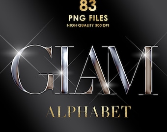 May include: A silver and gold alphabet font with a glam theme. The letters are shiny and have a 3D effect. The text "GLAM ALPHABET" is displayed in the image. 83 PNG files are included. High quality 300 DPI.