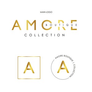 May include: Gold logo design for a business called "Amore Boutique Collection". The main logo features the word "Amore" in all caps with the word "Boutique" in a circle and the word "Collection" below. The secondary logo features a gold letter "A" in a circle with the text "Amore Boutique Collection" around the circle.