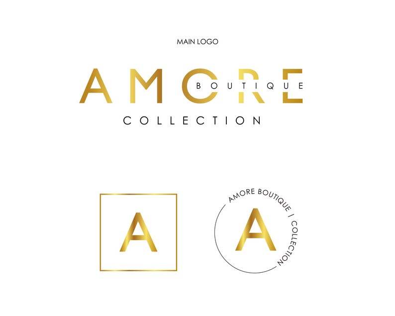 May include: Gold logo design for a business called "Amore Boutique Collection". The main logo features the word "Amore" in all caps with the word "Boutique" in a circle and the word "Collection" below. The secondary logo features a gold letter "A" in a circle with the text "Amore Boutique Collection" around the circle.