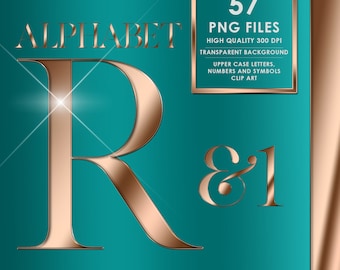 May include: A set of 57 gold-coloured alphabet letters, numbers, and symbols with a metallic sheen. The letters are uppercase and have a 3D effect. The background is teal.