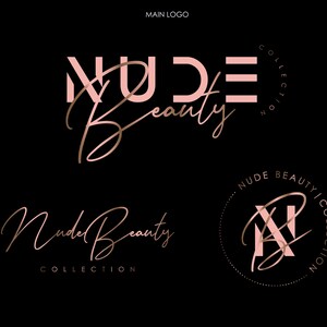 May include: A logo design for a brand called "Nude Beauty Collection". The logo features the words "Nude Beauty" in a pink and gold color scheme. The word "Nude" is in a bold, blocky font, while the word "Beauty" is in a cursive script font. The logo also includes a circle with the letters "NB" inside, surrounded by a dotted line.