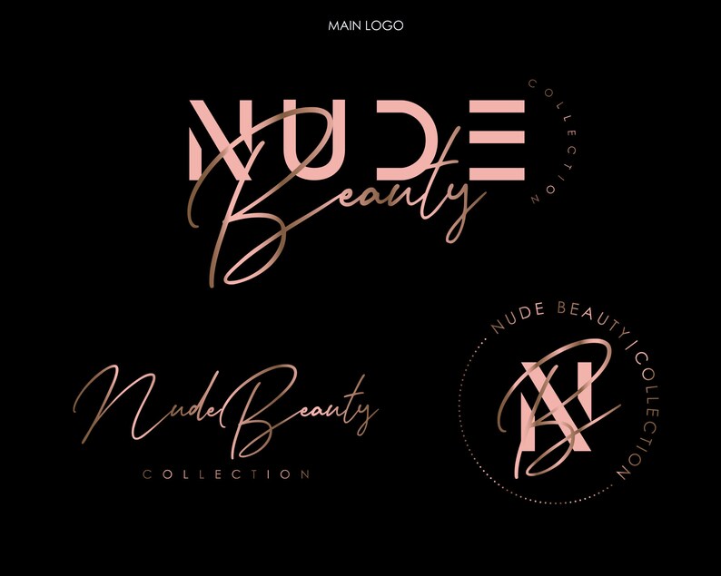 May include: A logo design for a brand called "Nude Beauty Collection". The logo features the words "Nude Beauty" in a pink and gold color scheme. The word "Nude" is in a bold, blocky font, while the word "Beauty" is in a cursive script font. The logo also includes a circle with the letters "NB" inside, surrounded by a dotted line.
