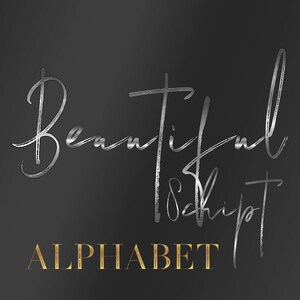 May include: A silver metallic script font design with the words "Beautiful Script Alphabet" in gold lettering.