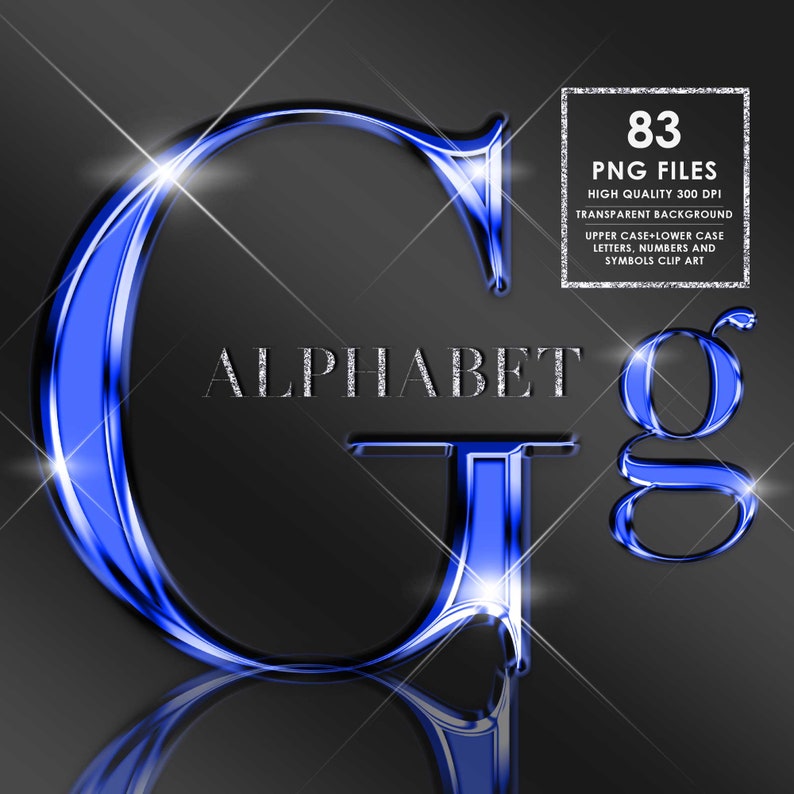 May include: A blue and silver 3D alphabet letter G with a shiny, metallic finish. The letter is set against a black background with a reflection below it. The text "ALPHABET" is above the letter. The image also includes a text box with the words "83 PNG FILES, HIGH QUALITY 300 DPI, TRANSPARENT BACKGROUND, UPPER CASE+LOWER CASE LETTERS, NUMBERS AND SYMBOLS CLIP ART".