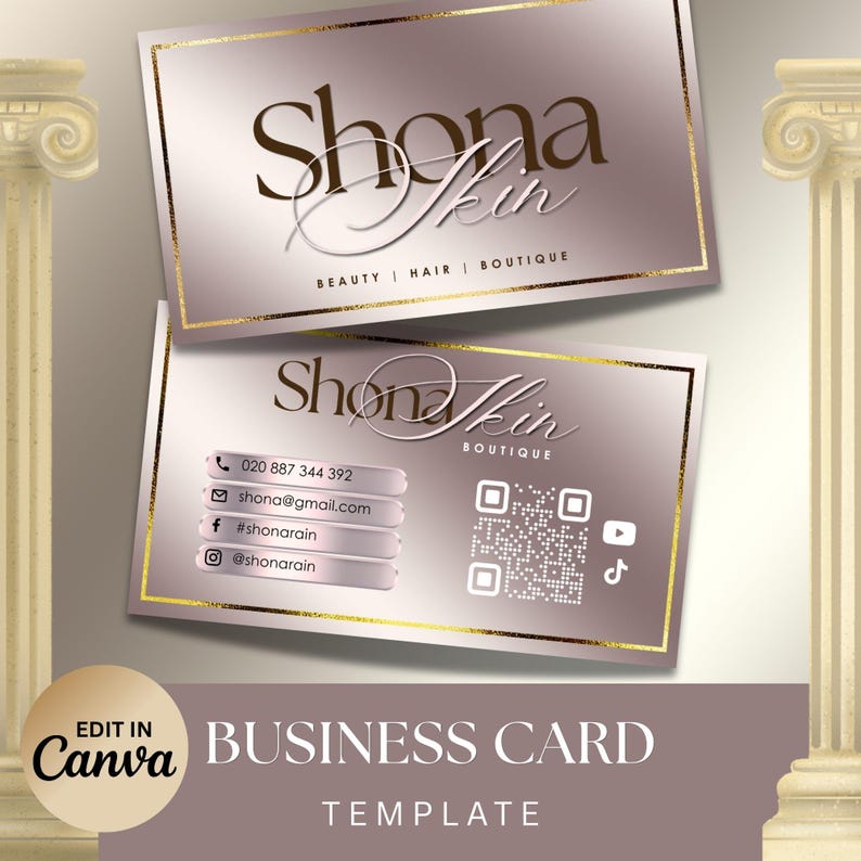 May include: A business card template with a mauve and gold color scheme. The card features the text "Shona Skin Beauty Hair Boutique" in elegant script. Contact information and social media handles are also displayed.