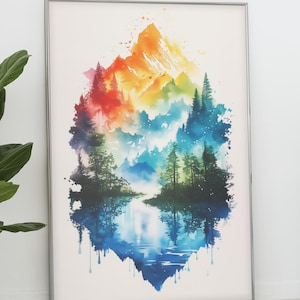 Rainbow Mountain Watercolor Print: Colorful Landscape Wall Art