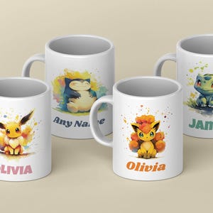 Personalised Pokémon-Inspired Mug Gift for Kids or Gamers Custom Name Ceramic Cup Featuring Cute Anime Characters Watercolour Splash
