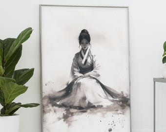 Op de afbeelding: Een ingelijste zwart-wit aquarelprint van een persoon met opgestoken haar, gekleed in een traditioneel gewaad met een brede kraag, zittend in een meditatieve houding. Het kunstwerk gebruikt zachte inktwassingen en spetters.
