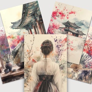Abstract Korean Watercolor Wall Art Bundle 12 Printable Posters Traditional Hanok Architecture Cherry Blossoms Mountain Landscape Prints